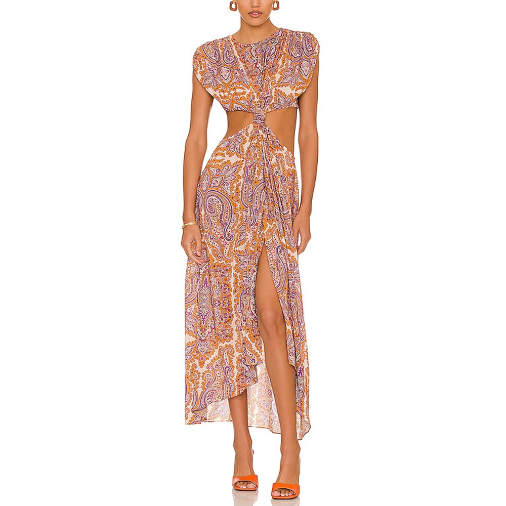 L'Academie Orange Paisley Cutout Maxi Dress